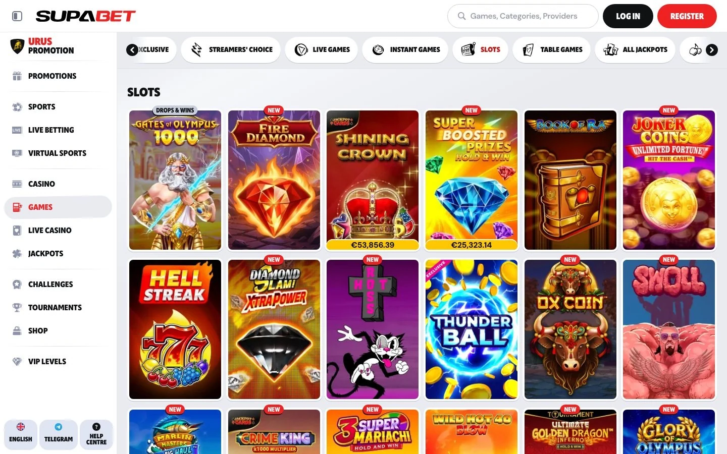 Slots-Bereich der Supabet-Lobby